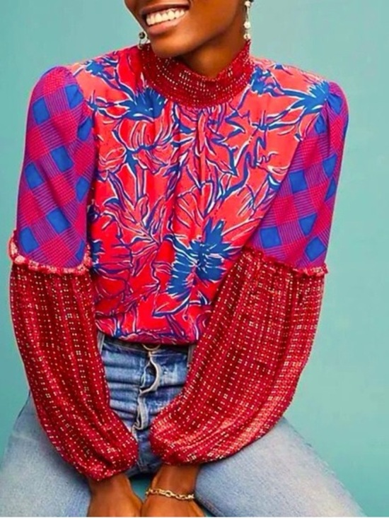 Anthropologie Tops - Anthropologie Bl^nk London Vivant Mix Print Red & Blue Mock Neck Peasant Blouse